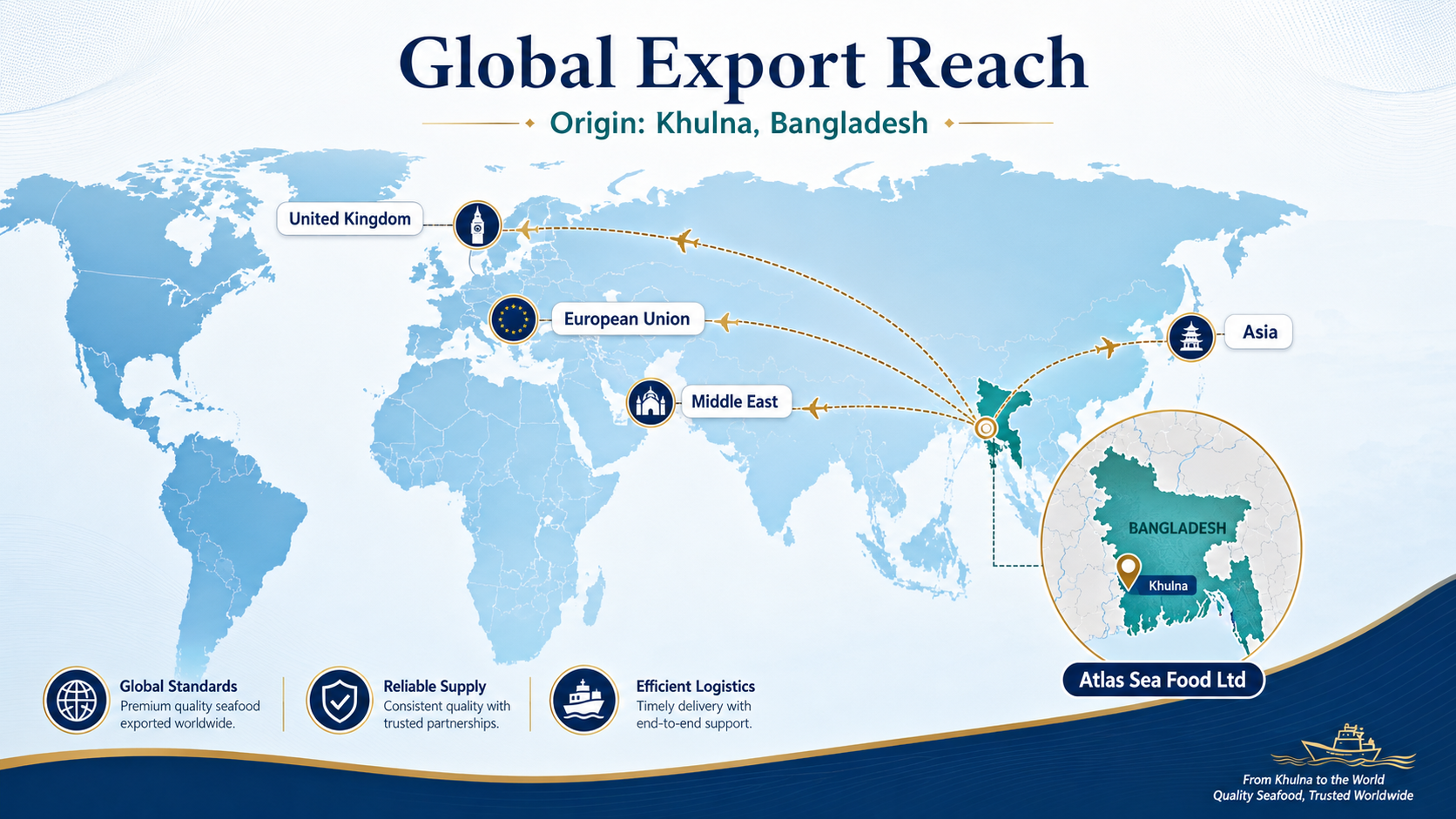 Atlas Sea Food Ltd global export reach map from Khulna Bangladesh